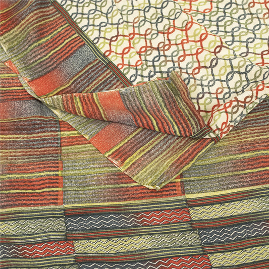 Sanskriti Vintage Sarees Ivory Pure Crepe Geometric Print Sari 5+yd Craft Fabric