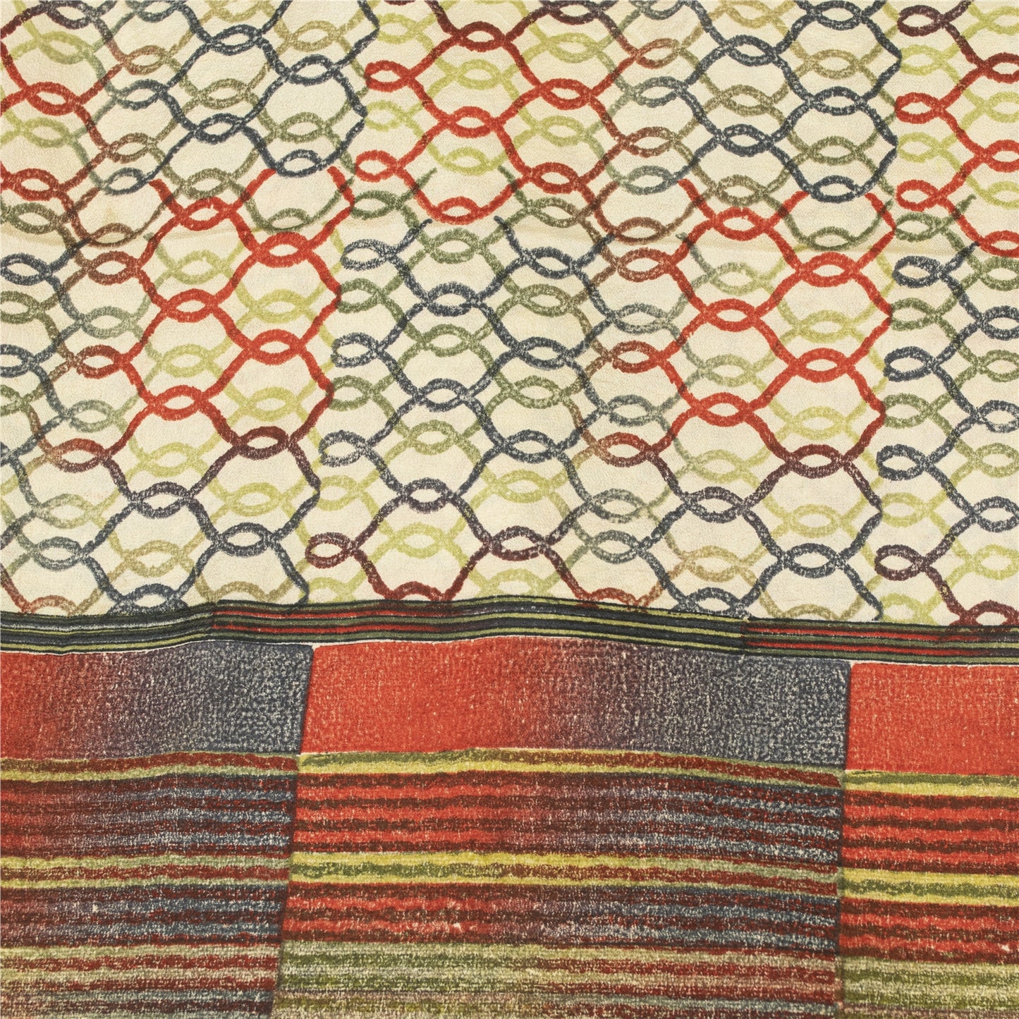 Sanskriti Vintage Sarees Ivory Pure Crepe Geometric Print Sari 5+yd Craft Fabric