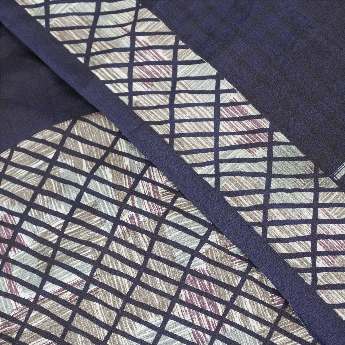 Sanskriti Vintage Sarees Blue Pure Crepe Lines & Floral Printed Sari 5+yd Fabric