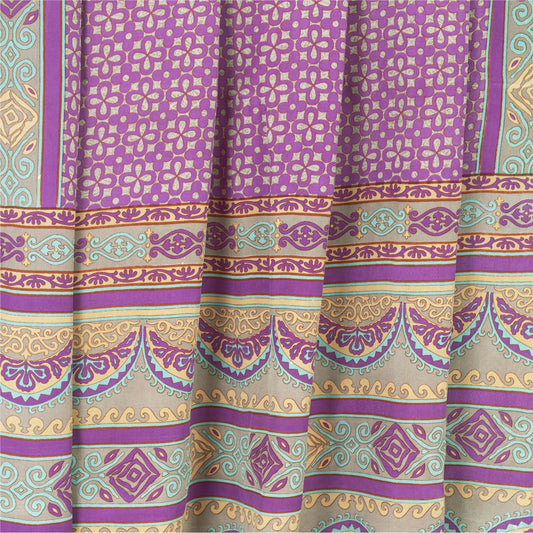 Sanskriti Vintage Sarees Purple Pure Crepe Silk Printed Sari 5+yd Craft Fabric