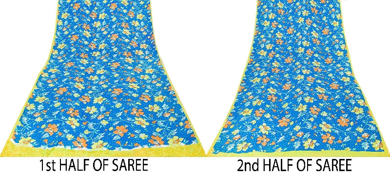 Sanskriti Vintage Sarees Blue Pure Crepe Silk Printed Sari 5+yd Craft Fabric