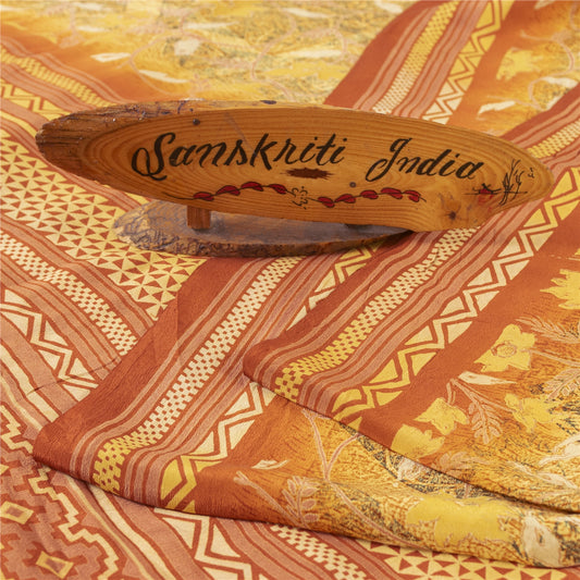 Sanskriti Vintage Sarees Yellow Pure Crepe Silk Printed Sari 5+yd Craft Fabric