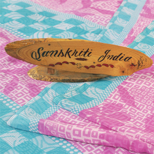 Sanskriti Vintage Sarees Pink 100%Pure Crepe Silk Printed Sari 5+yd Craft Fabric