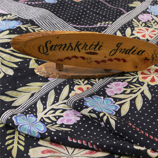 Sanskriti Vintage Sarees Black Pure Crepe Silk Printed Sari 5+yd Craft Fabric