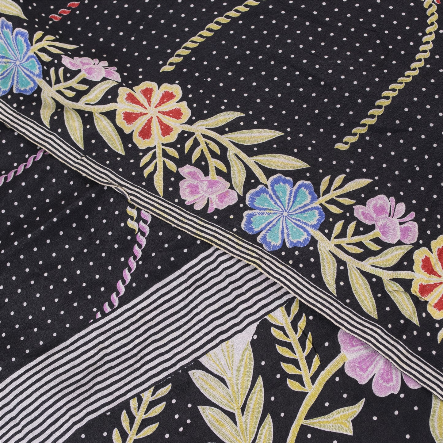 Sanskriti Vintage Sarees Black Pure Crepe Silk Printed Sari 5+yd Craft Fabric