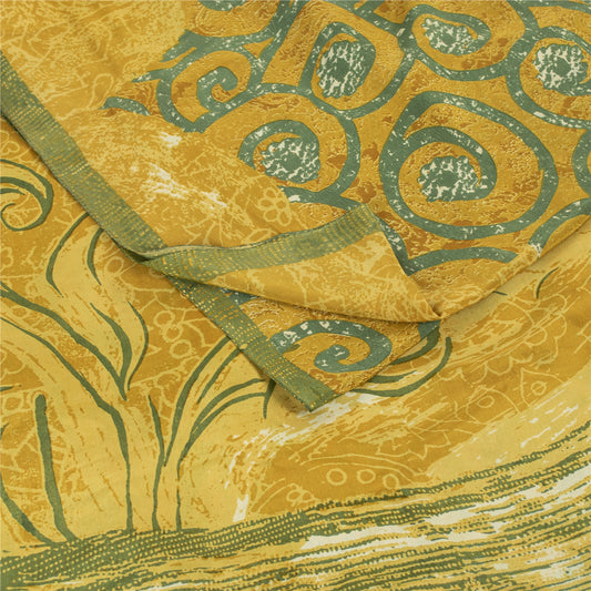 Sanskriti Vintage Sarees Yellow & Green Pure Crepe Print Sari 5+yd Craft Fabric