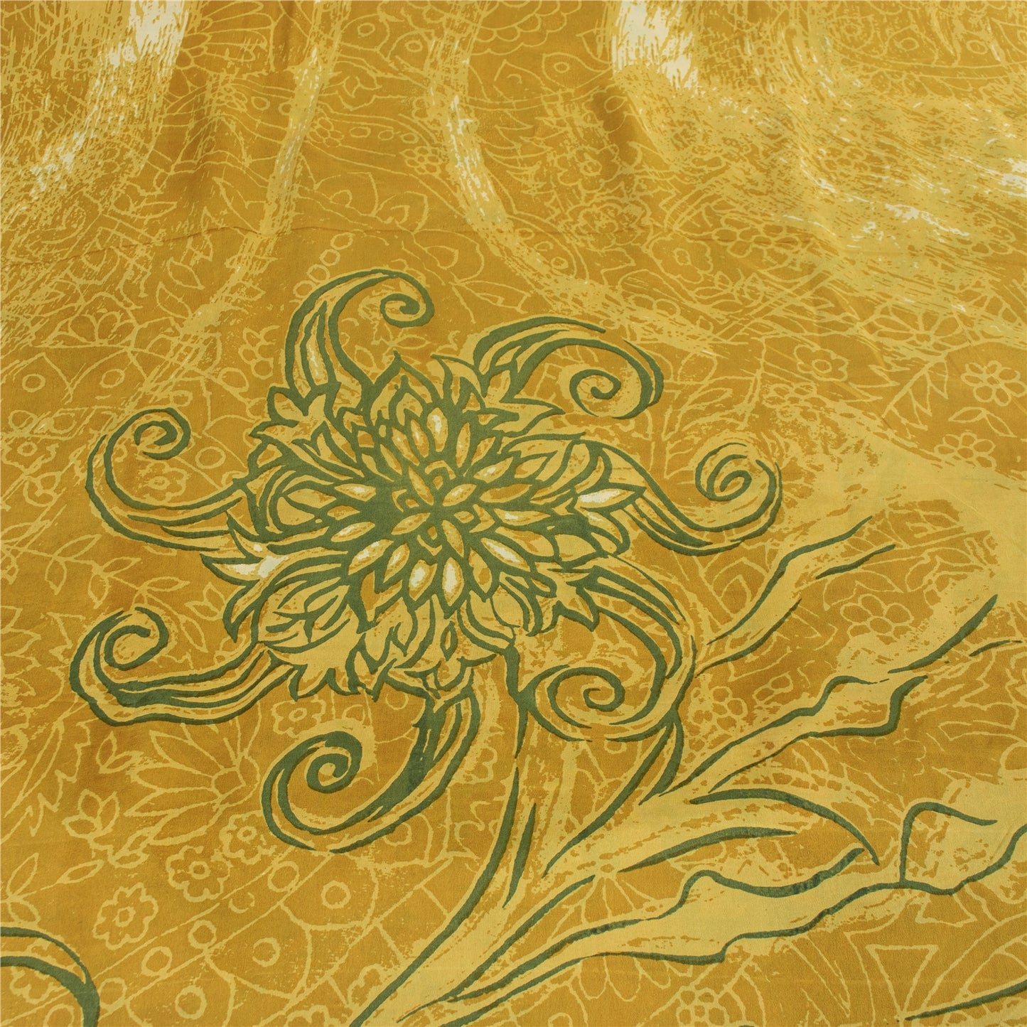 Sanskriti Vintage Sarees Yellow & Green Pure Crepe Print Sari 5+yd Craft Fabric