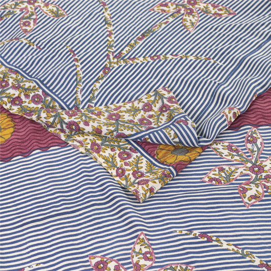 Sanskriti Vintage Sarees Blue & Purple Pure Crepe Printed Sari 5+yd Craft Fabric