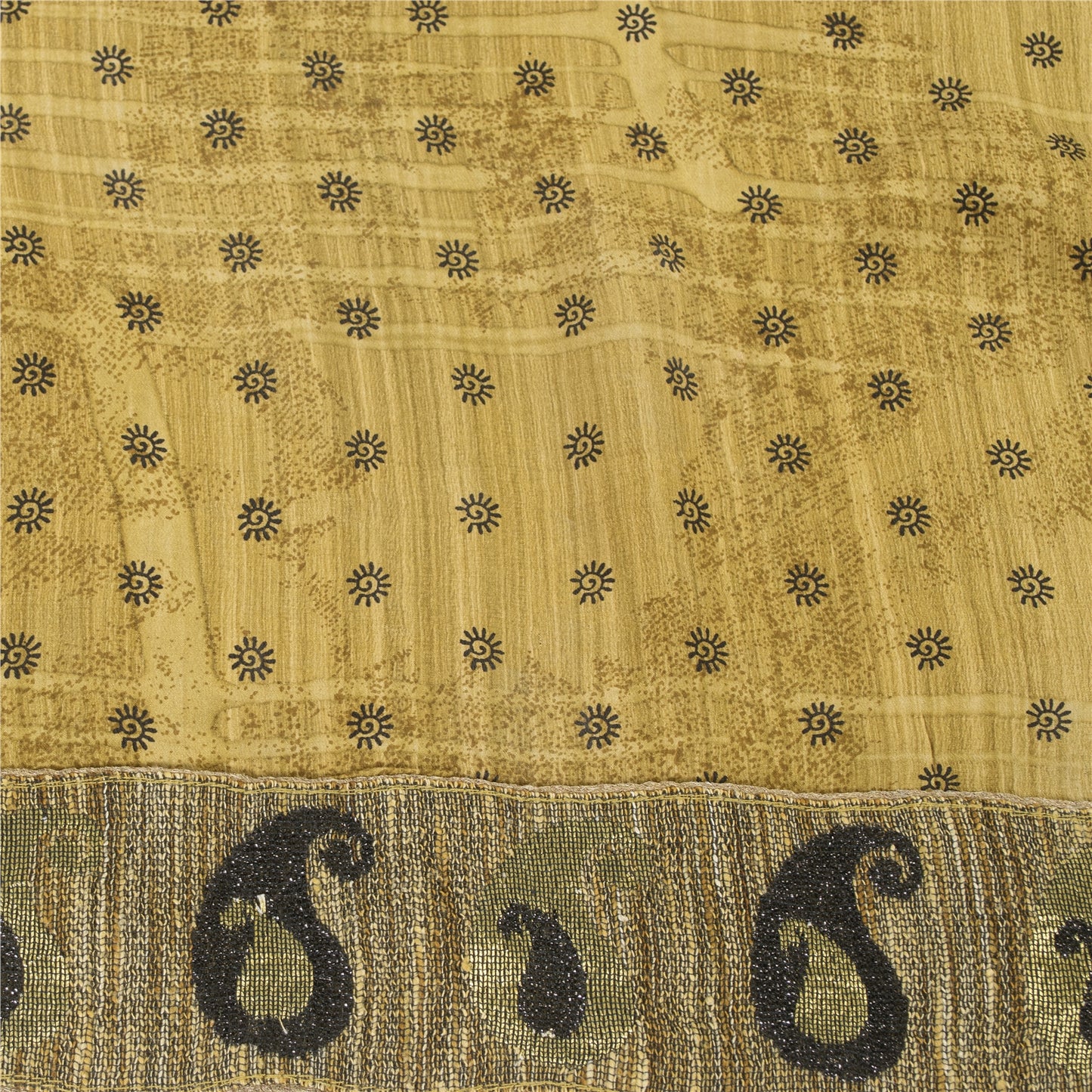 Sanskriti Vintage Sarees Green Pure Crepe Silk Printed Sari 5+yd Craft Fabric