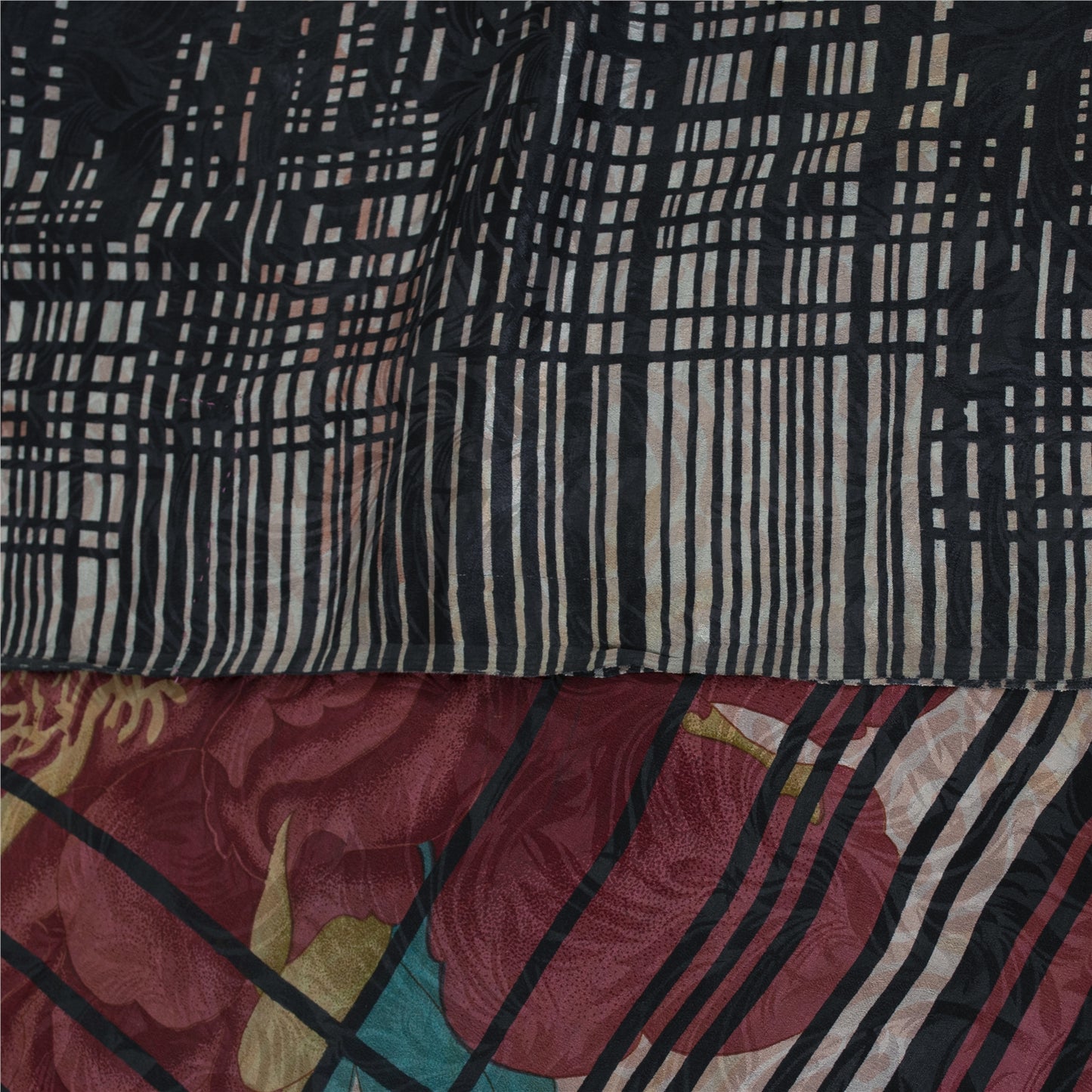 Sanskriti Vintage Sarees Black Pure Crepe Silk Printed Sari 5+yd Craft Fabric