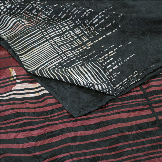 Sanskriti Vintage Sarees Black Pure Crepe Silk Printed Sari 5+yd Craft Fabric