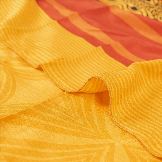 Sanskriti Vintage Sarees Yellow Pure Crepe Silk Printed Sari 5+yd Craft Fabric