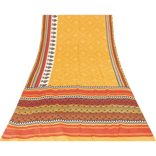 Sanskriti Vintage Sarees Yellow Pure Crepe Silk Printed Sari 5+yd Craft Fabric