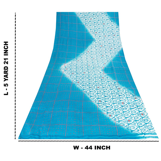 Sanskriti Vintage Sarees Blue & White Pure Crepe Printed Sari 5+yd Craft Fabric