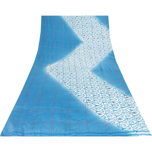 Sanskriti Vintage Sarees Blue & White Pure Crepe Printed Sari 5+yd Craft Fabric