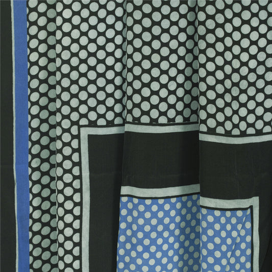 Sanskriti Vintage Sarees Black Pure Crepe Geometric Print Sari 5+yd Craft Fabric