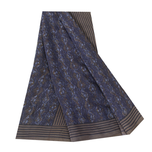 Sanskriti Vintage Sarees Blue Pure Crepe Geometric Print Sari 5+yd Craft Fabric