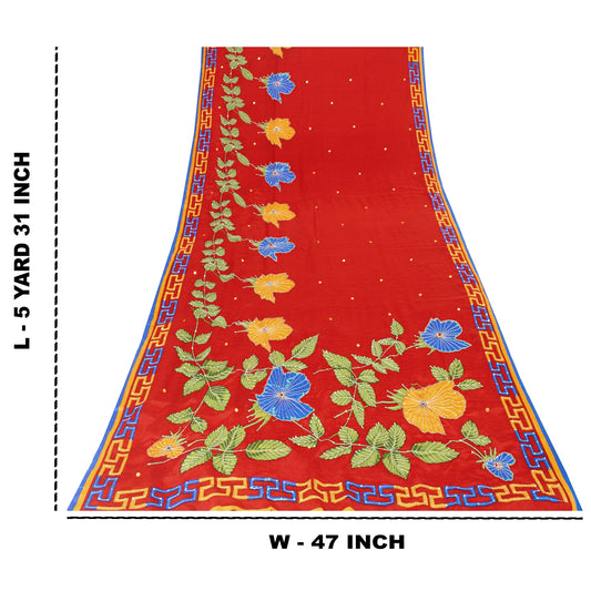 Sanskriti Vintage Sarees Red 100%Pure Crepe Hand Beaded Printed Sari 5+yd Fabric