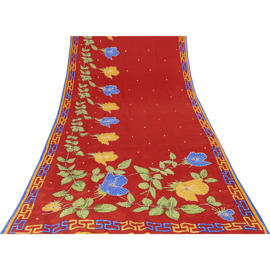 Sanskriti Vintage Sarees Red 100%Pure Crepe Hand Beaded Printed Sari 5+yd Fabric