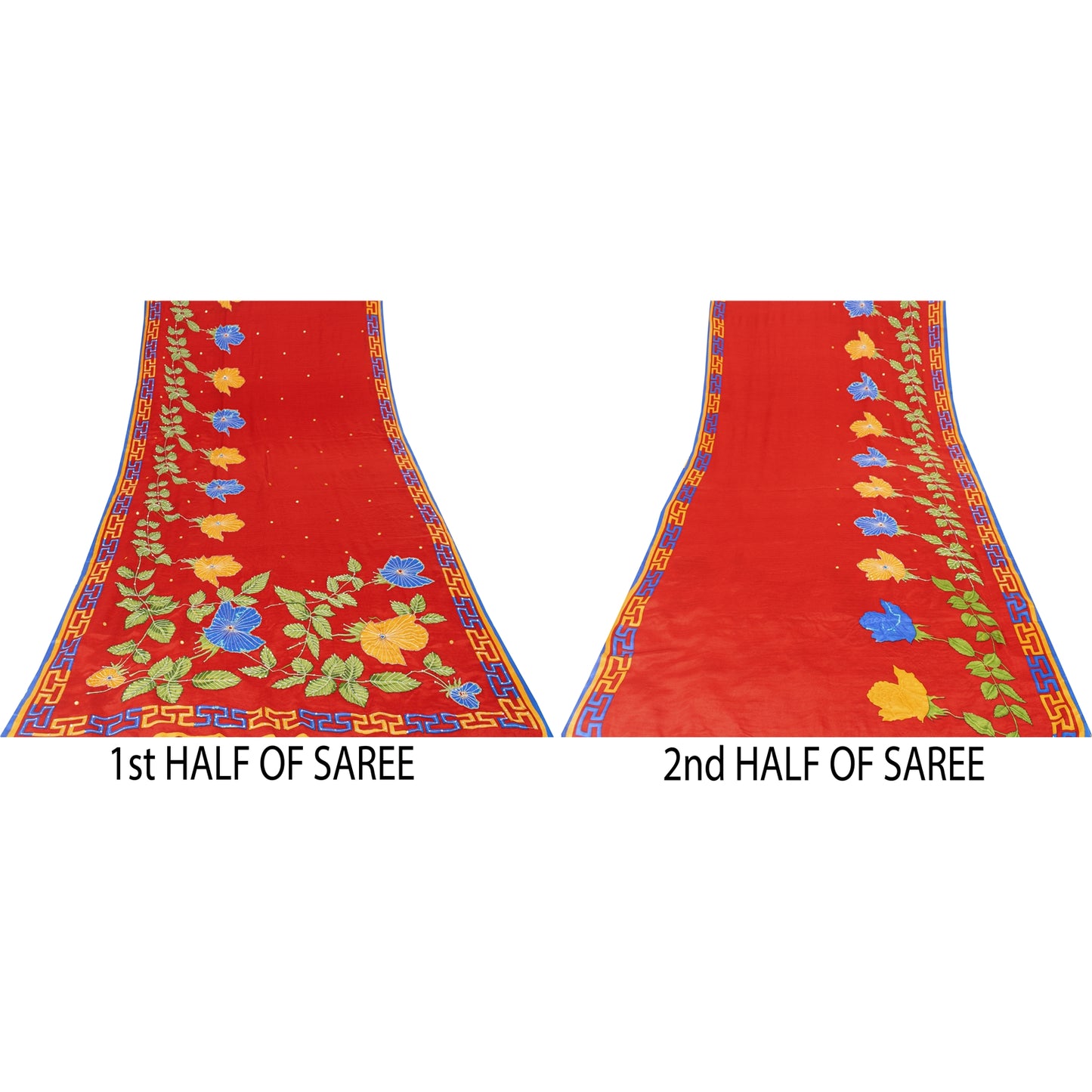 Sanskriti Vintage Sarees Red 100%Pure Crepe Hand Beaded Printed Sari 5+yd Fabric