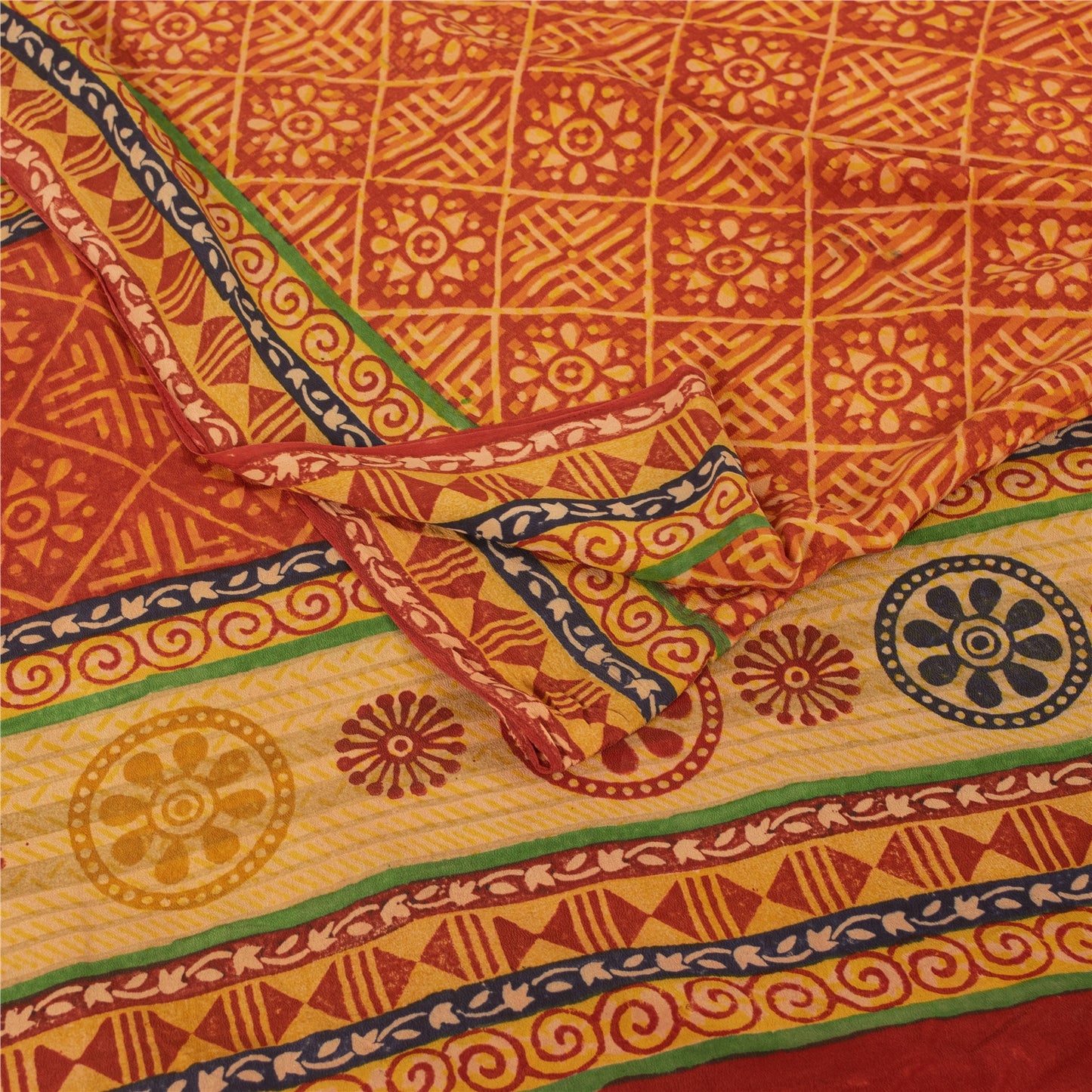 Sanskriti Vintage Sarees Orange Pure Crepe Silk Printed Sari 5+yd Craft Fabric