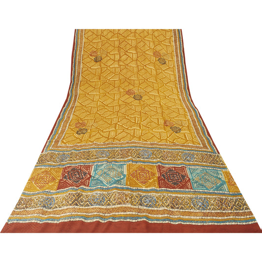 Sanskriti Vintage Sarees Yellow Pure Crepe Sparkle Printed Sari 6yd Craft Fabric