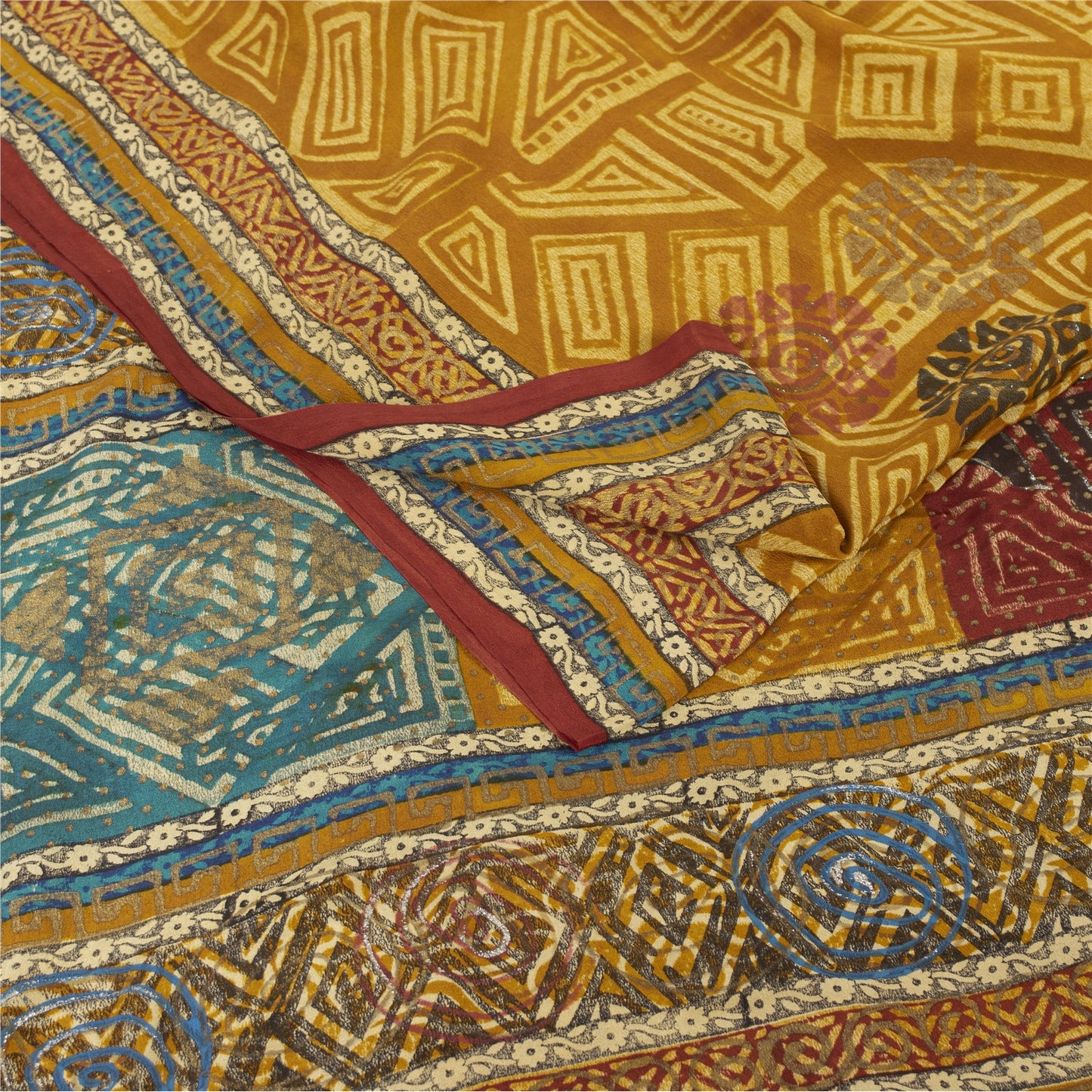 Sanskriti Vintage Sarees Yellow Pure Crepe Sparkle Printed Sari 6yd Craft Fabric