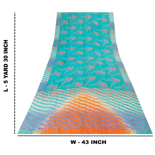 Sanskriti Vintage Sarees Blue Pure Crepe Silk Printed Sari 5+yd Craft Fabric