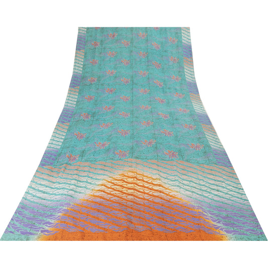 Sanskriti Vintage Sarees Blue Pure Crepe Silk Printed Sari 5+yd Craft Fabric
