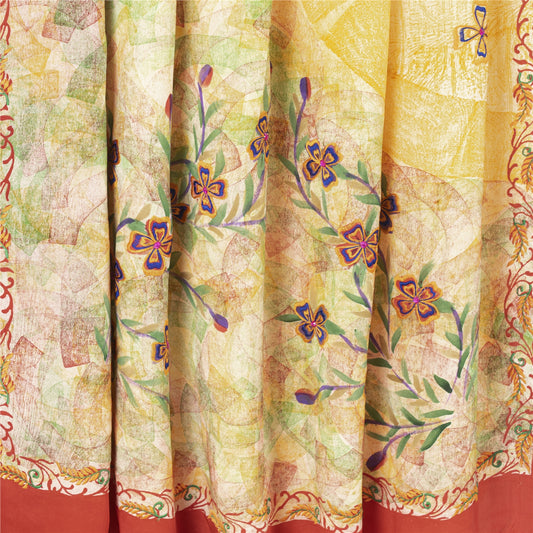 Sanskriti Vintage Sarees Ivory Pure Crepe Silk Printed Sari 5+yd Craft Fabric