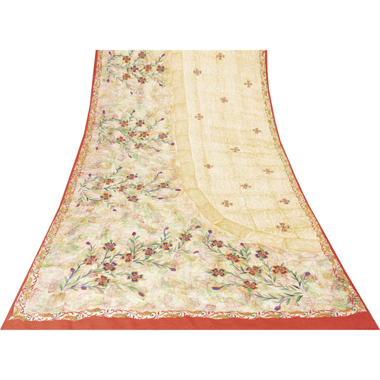 Sanskriti Vintage Sarees Ivory Pure Crepe Silk Printed Sari 5+yd Craft Fabric