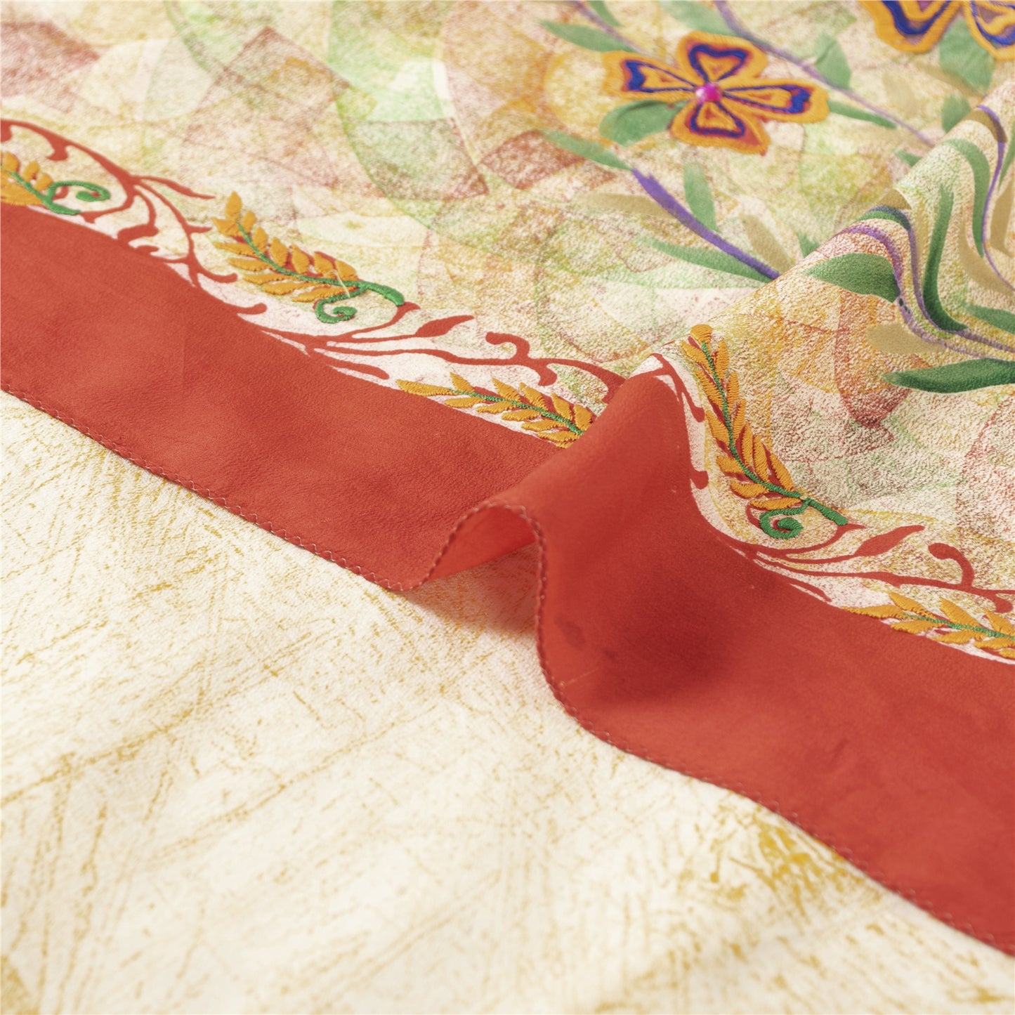 Sanskriti Vintage Sarees Ivory Pure Crepe Silk Printed Sari 5+yd Craft Fabric