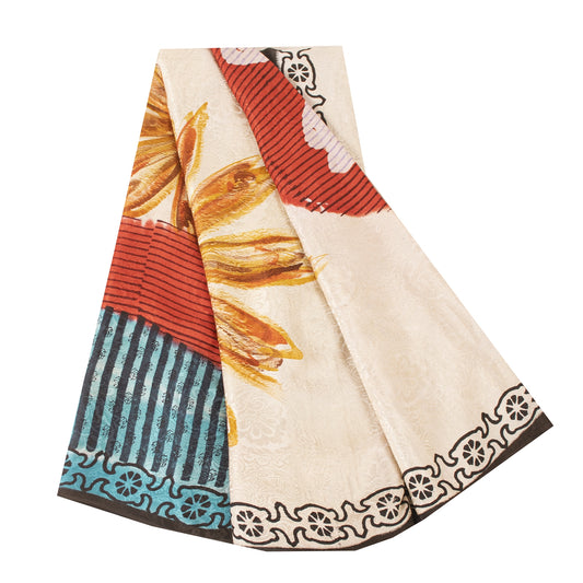 Sanskriti Vintage Sarees multi Pure Crepe Silk Printed Sari 5+yd Craft Fabric