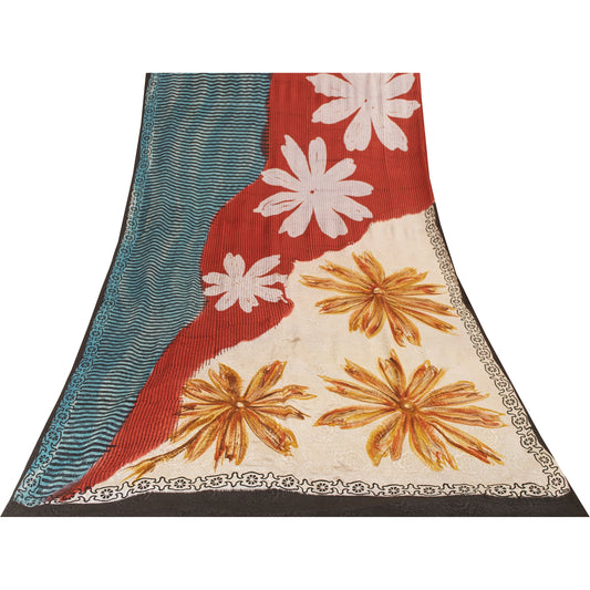 Sanskriti Vintage Sarees multi Pure Crepe Silk Printed Sari 5+yd Craft Fabric