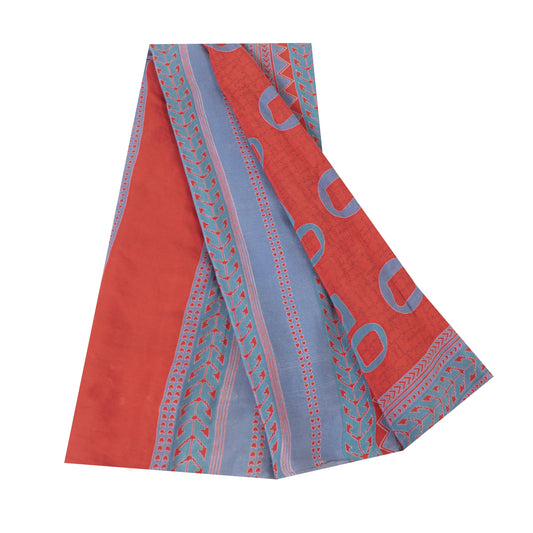 Sanskriti Vintage Sarees Red & Blue Pure Crepe Printed Sari 5+yd Craft Fabric