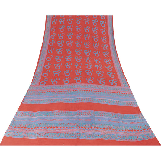Sanskriti Vintage Sarees Red & Blue Pure Crepe Printed Sari 5+yd Craft Fabric