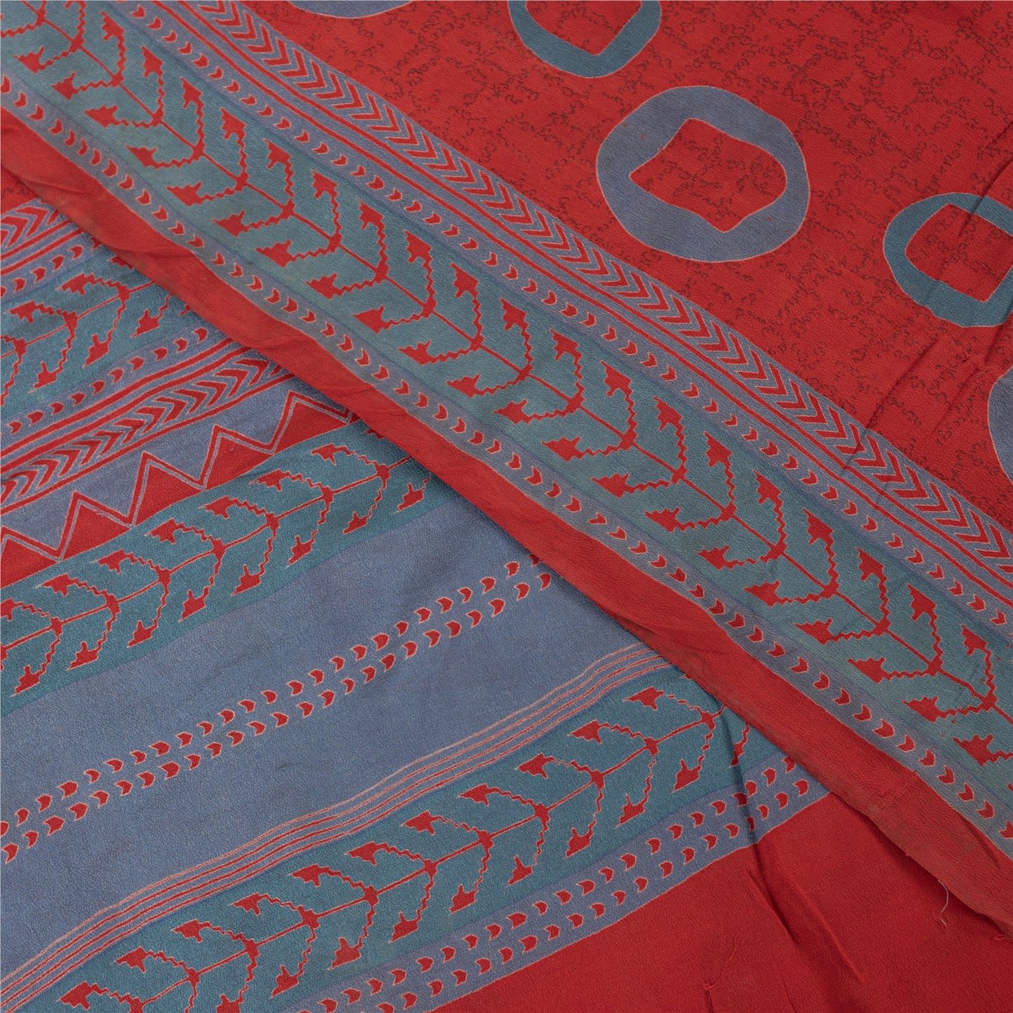 Sanskriti Vintage Sarees Red & Blue Pure Crepe Printed Sari 5+yd Craft Fabric