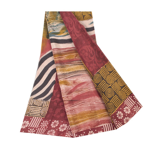 Sanskriti Vintage Sarees Multicolor Pure Crepe Silk Print Sari 5+yd Craft Fabric
