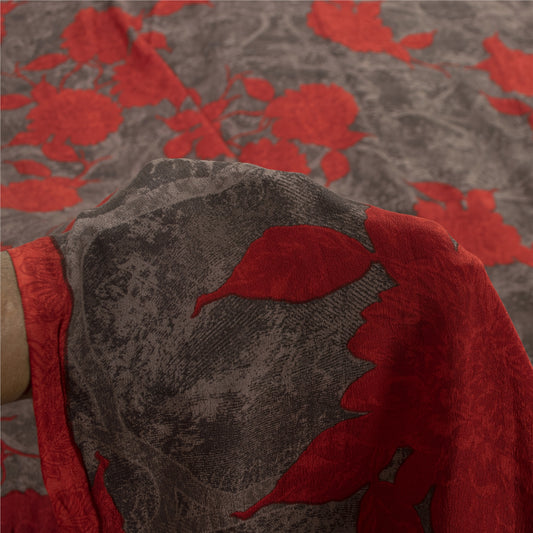 Sanskriti Vintage Sarees Brown & Red Pure Crepe Printed Sari 5+yd Craft Fabric