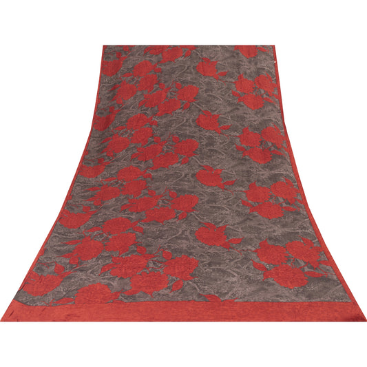 Sanskriti Vintage Sarees Brown & Red Pure Crepe Printed Sari 5+yd Craft Fabric