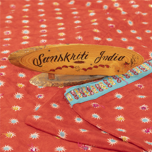 Sanskriti Vintage Sarees Red Pure Crepe Print Hand Beaded Sari 5+yd Craft Fabric