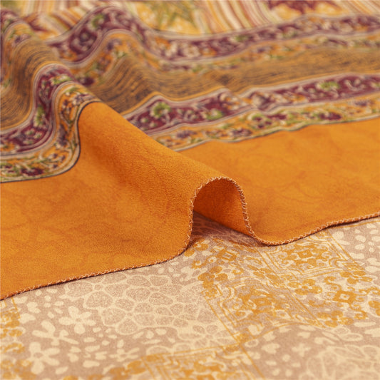 Sanskriti Vintage Sarees Yellow Pure Crepe Silk Printed Sari 5+yd Craft Fabric