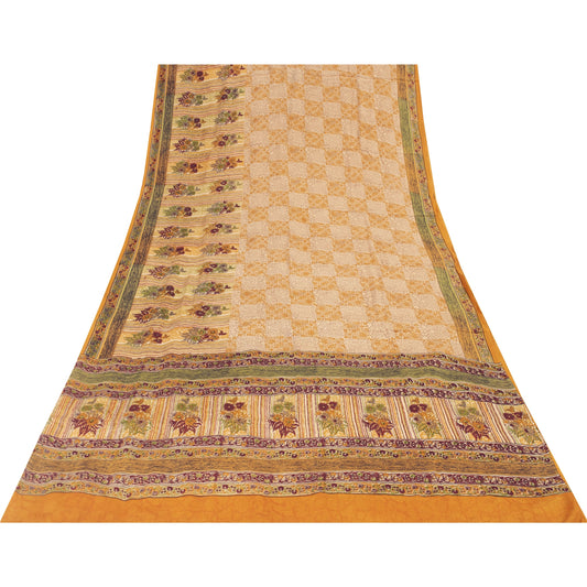 Sanskriti Vintage Sarees Yellow Pure Crepe Silk Printed Sari 5+yd Craft Fabric