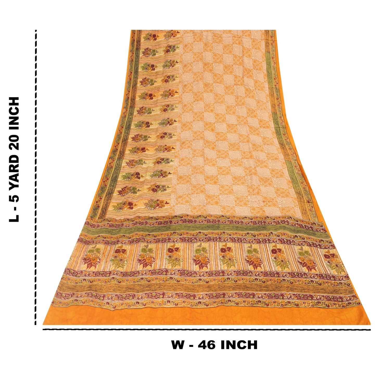 Sanskriti Vintage Sarees Yellow Pure Crepe Silk Printed Sari 5+yd Craft Fabric