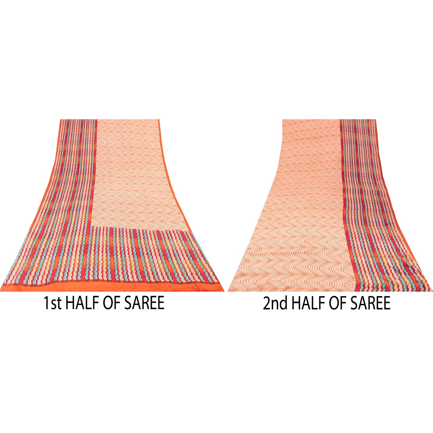 Sanskriti Vintage Sarees Red & Peach Pure Crepe Printed Sari 5+yd Craft Fabric