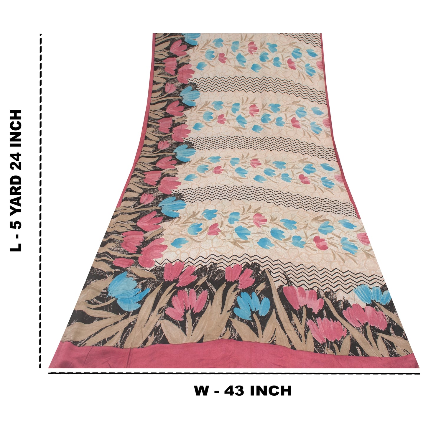 Sanskriti Vintage Sarees Ivory Pure Crepe Silk Printed Sari 5+yd Craft Fabric