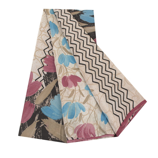 Sanskriti Vintage Sarees Ivory Pure Crepe Silk Printed Sari 5+yd Craft Fabric