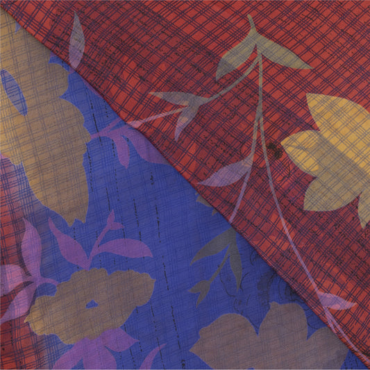 Sanskriti Vintage Sarees Blue & Red Pure Crepe Printed Sari 5+yd Craft Fabric
