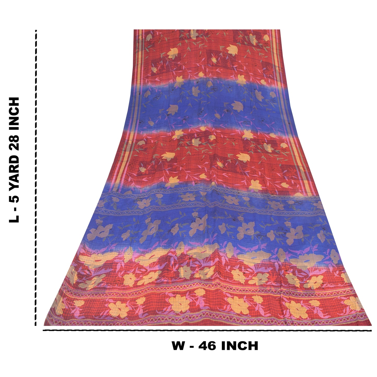 Sanskriti Vintage Sarees Blue & Red Pure Crepe Printed Sari 5+yd Craft Fabric