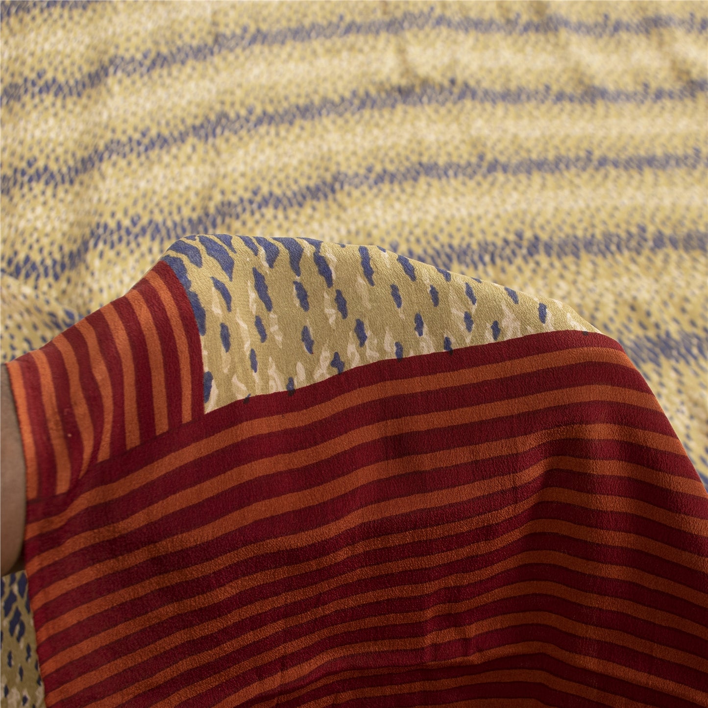 Sanskriti Vintage Sarees Cream & Red Pure Crepe Abstract Print Sari 5+yd Fabric